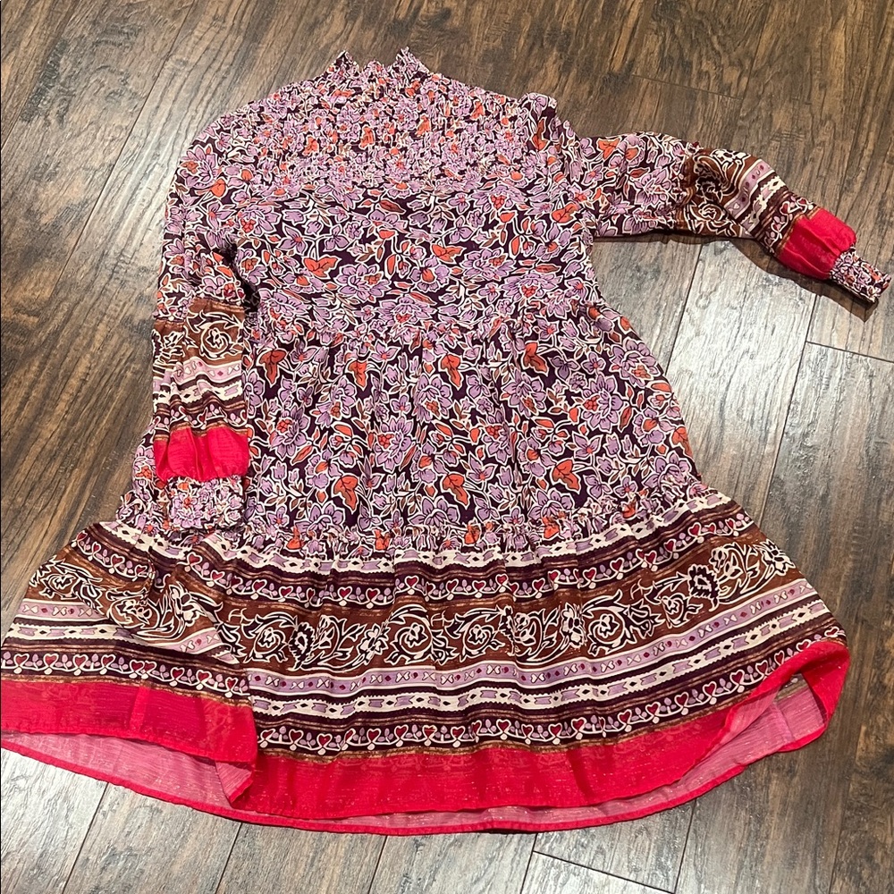 Floral Patterned Dress with Red and Brown Accents